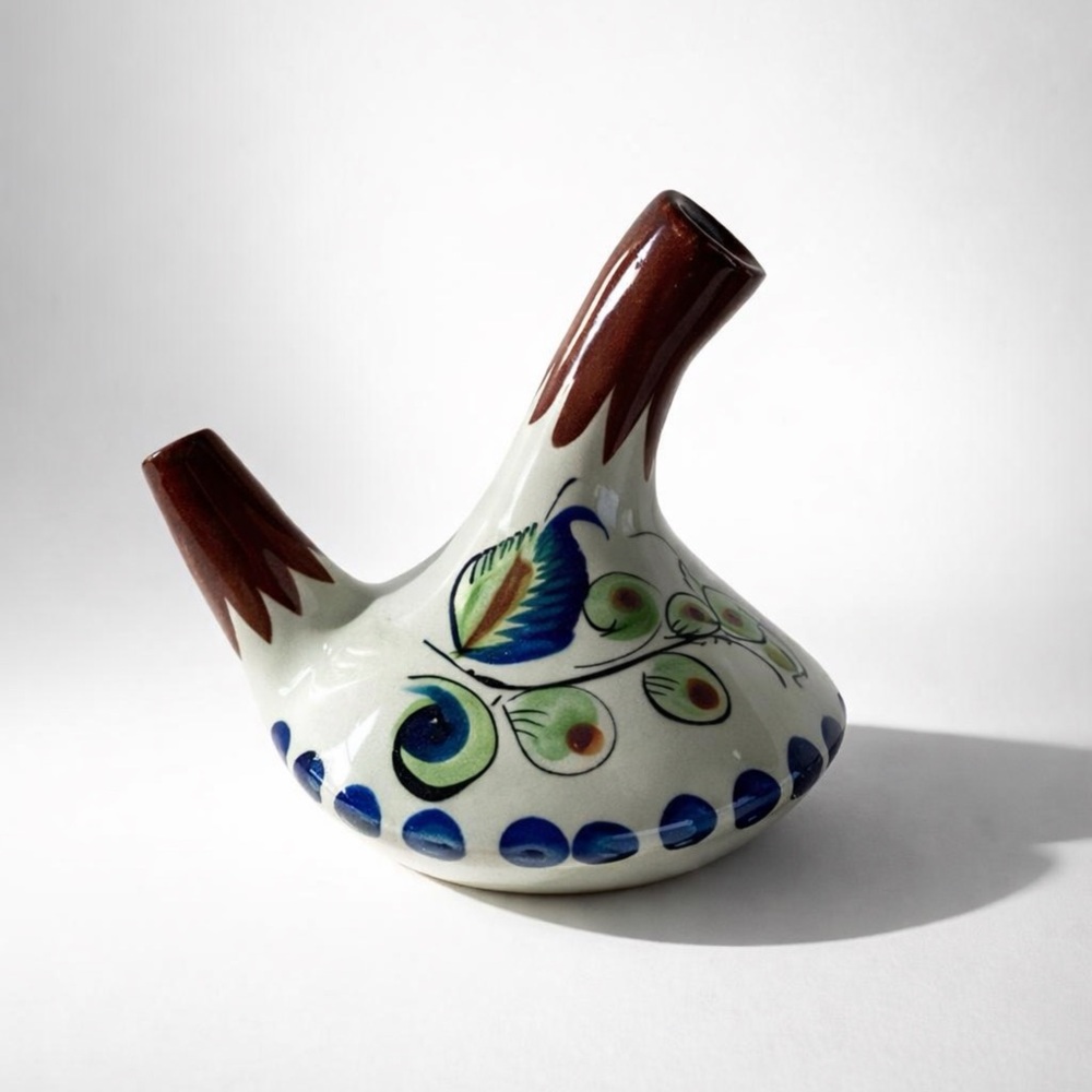 VINTAGE CAT 378 MEXICO CERAMIC‎ GLAZED POTTERY DOUBLE SPOUTED JUG HAND PAINTED